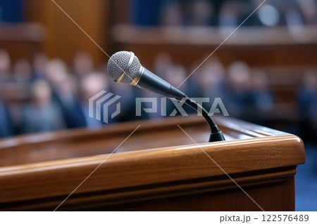 Microphone on podium in conference hall or seminar room, public speaking concept 122576489