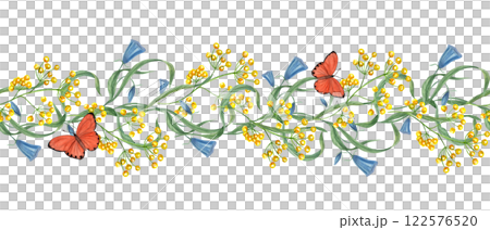 Spring field yellow blue wildflowers with fluttering orange butterflies seamless horizontal banner isolated background. Watercolor blooming campanula, flowers, insect illustration for kitchen textile. Spring field yellow blue wildflowers with fluttering orange butterflies seamless horizontal banner isolated background. Watercolor blooming campanula, flowers, insect illustration for kitchen textile. 122576520