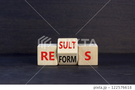 Reform and result symbol. Concept words Reforms Results on beautiful wooden block. Beautiful black table black background. Business Reforms and results concept. Copy space. 122576618