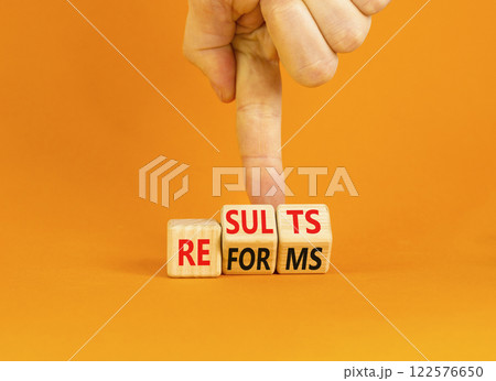 Reform and result symbol. Concept words Reforms Results on beautiful wooden block. Beautiful orange table orange background. Businessman hand. Business Reforms and results concept. Copy space. 122576650