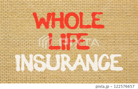 Whole life insurance symbol. Concept words Whole life insurance on beautiful brown brick wall. Beautiful brown brick wall background. Business whole life insurance concept. Copy space. 122576657