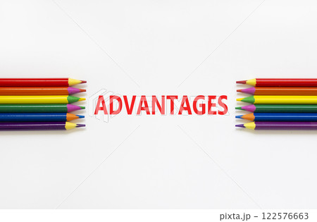 Advantages symbol. Concept word Advantages on beautiful white paper. Beautiful white paper background. Beautiful colored pencils. Business advantages concept. Copy space. Advantages symbol. Concept word Advantages on beautiful white paper. Beautiful white paper background. Beautiful colored pencils. Business advantages concept. Copy space. 122576663