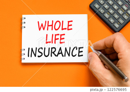 Whole life insurance symbol. Concept words Whole life insurance on beautiful white note. Beautiful orange background. Black pen. Businessman hand. Business whole life insurance concept. Copy space. 122576695