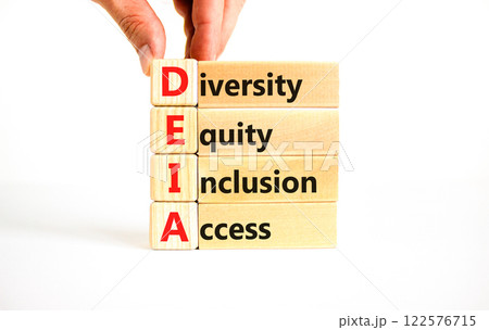 Diversity equity inclusion access symbol. Concept words DEIA diversity equity inclusion access on blocks. Beautiful white background. Business diversity equity inclusion access concept. Copy space. 122576715