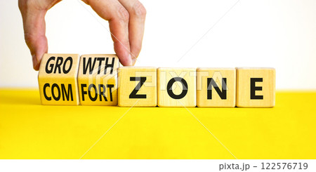 Comfort or growth zone symbol. Concept words Comfort zone Growth zone on wooden cubes. Beautiful yellow table white background. Psychologist hand. Business comfort or growth zone concept. Copy space. Comfort or growth zone symbol. Concept words Comfort zone Growth zone on wooden cubes. Beautiful yellow table white background. Psychologist hand. Business comfort or growth zone concept. Copy space. 122576719