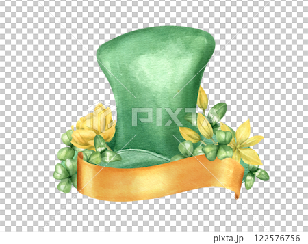 Green leprechaun high hat decorated with spring yellow tulip flowers, shamrock and golden ribbon for text watercolor illustration isolated background. Saint Patrick day. Spring holiday composition. 122576756