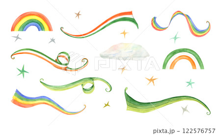 Watercolor waving green white orange rainbow curve and rainbows in Ireland flag colors, cloud, stars set illustration isolated background. Saint Patrick day 2025 decoration. Spring festive elements 122576757