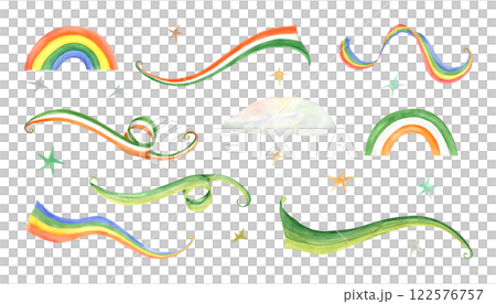 Watercolor waving green white orange rainbow curve and rainbows in Ireland flag colors, cloud, stars set illustration isolated background. Saint Patrick day 2025 decoration. Spring festive elements 122576757