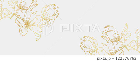 Luxury gold magnolia flowers background. Floral pattern tropical in line art style for greeting, invitation, wedding card, wall art, wallpaper and print. Vector illustration 122576762