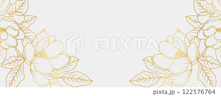 Luxury gold magnolia flowers background. Floral pattern tropical in line art style for greeting, invitation, wedding card, wall art, wallpaper and print. Vector illustration Luxury gold magnolia flowers background. Floral pattern tropical in line art style for greeting, invitation, wedding card, wall art, wallpaper and print. Vector illustration 122576764