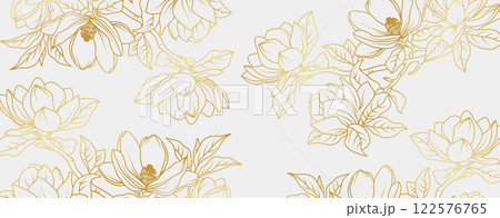 Luxury gold magnolia flowers background. Floral pattern tropical in line art style for greeting, invitation, wedding card, wall art, wallpaper and print. Vector illustration Luxury gold magnolia flowers background. Floral pattern tropical in line art style for greeting, invitation, wedding card, wall art, wallpaper and print. Vector illustration 122576765