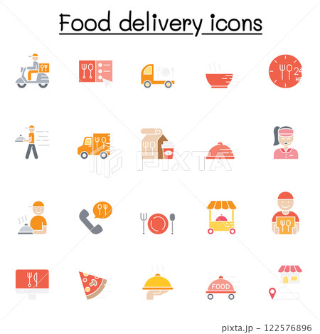 Food delivery icon set in flat color style Food delivery icon set in flat color style 122576896