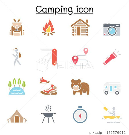 Camping icon set in flat color style 122576912