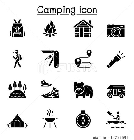 Camping icon set in glyph style