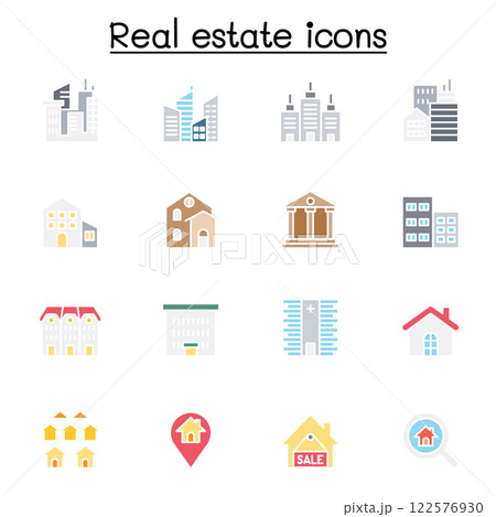 Real estate, building icon set in flat color style 122576930