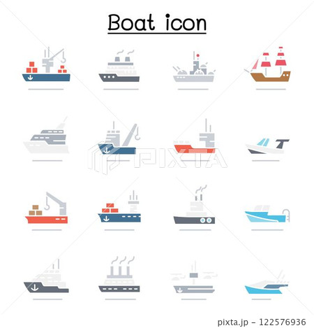 Boat, Ship icon set in flat color style 122576936