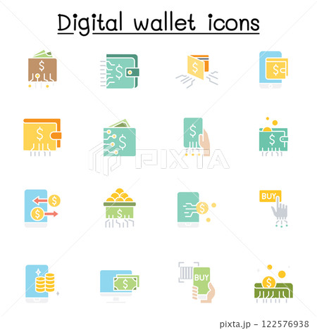 Digital wallets icon set in flat color style 122576938