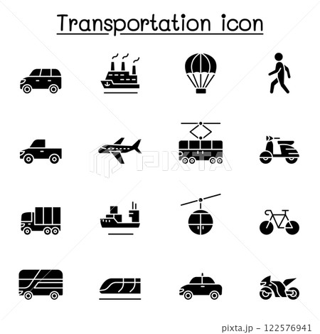 Set of Transportation related vector icon. contains such icon as airplane, bus, truck, lorry, scooter, motorcycle, walking, bicycle, taxi, train, cruise and more. 122576941