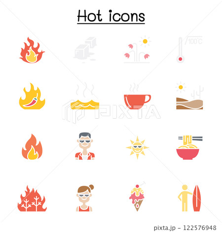Set of  heat related vector icon. contains such icon as heating, temperature, hot coffee, spicy, chili, summer, sun, melting, fire, flame and more. 122576948
