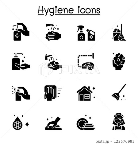 Set of Hygiene related vector icon. contains such icon as Hand washing, cleaning, healthcare,  soap, wipe, sanitary, broom, and more. 122576993