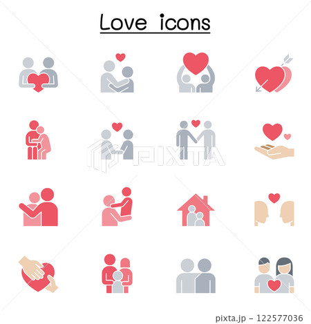 Set of love icon. contains such icon as, hug, friendship, family, romantic, marriage, heart, support, care and more. 122577036