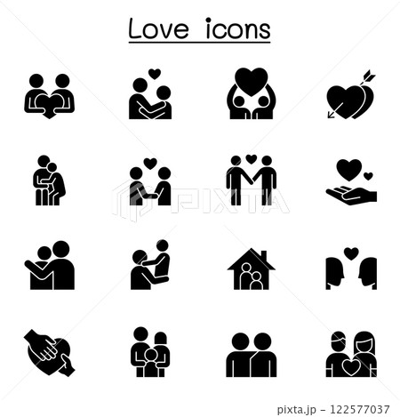 Set of love icon. contains such icon as, hug, friendship, family, romantic, marriage, heart, support, care and more. 122577037
