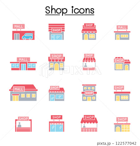Set of shop icon. contains such icon as, supermarket, shopping mall, hypermarket, store and more. 122577042