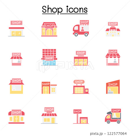 Set of shop icon. contains such icon as, supermarket, shopping mall, hypermarket, store and more. 122577064