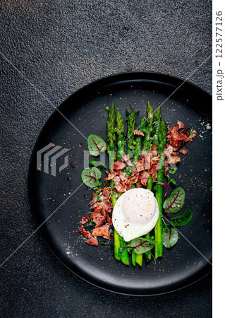 asparagus with poached egg and fried bacon, micro greens and spices, breakfast, homemade, no people, asparagus with poached egg and fried bacon, micro greens and spices, breakfast, homemade, no people, 122577126