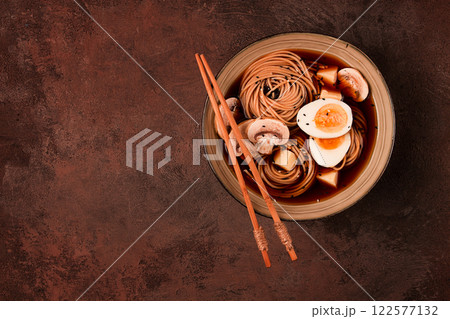 Asian soba soup, with mushrooms and egg, cheese, sesame seeds, homemade, no people, Asian soba soup, with mushrooms and egg, cheese, sesame seeds, homemade, no people, 122577132