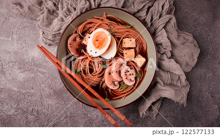 Asian soba soup, with mushrooms and egg, cheese, sesame seeds, homemade, no people, Asian soba soup, with mushrooms and egg, cheese, sesame seeds, homemade, no people, 122577133