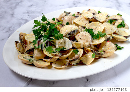 vongole clams, in cream sauce, on a white plate, homemade, top view, no people, vongole clams, in cream sauce, on a white plate, homemade, top view, no people, 122577168