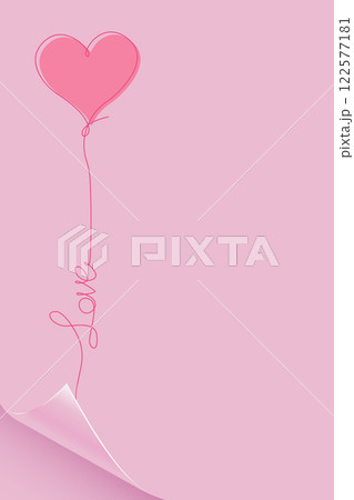 Love, heart balloon symbol on pink curled page. Valentine's day or Mother's day frame border concept hand drawn style, line art, minimalist paper card template, copy space, vector illustration 122577181