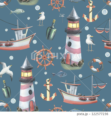 Watercolor illustration of a marine theme with a lighthouse, a fishing ship, a steering wheel, an anchor, seagulls. Light, seamless pattern. For fabric, textiles, prints, wallpaper, paper, clothing. 122577236