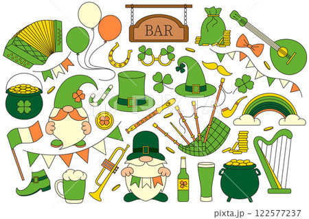 Vector set of St. Patrick's Day, simple linear icons, Irish folk musical instruments, festive flags, garlands, leprechauns, clover leaves, good luck symbols, retro vintage style 122577237