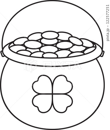 St. Patrick's Day, a full pot of gold coins, a four-leaf clover, a black and white vector linear icon isolated on a white transparent background St. Patrick's Day, a full pot of gold coins, a four-leaf clover, a black and white vector linear icon isolated on a white transparent background 122577251