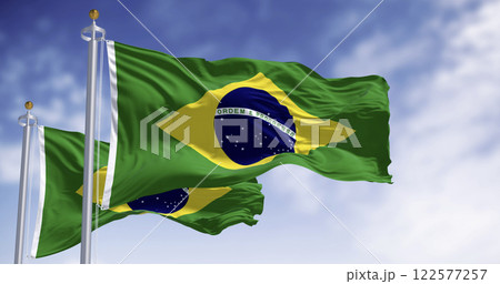 Brazil national flags waving in the wind 122577257