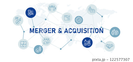 Merger and Acquisition concept highlighting corporate takeover business collaboration company integration and work agreement for job development and strategic partnership 122577307
