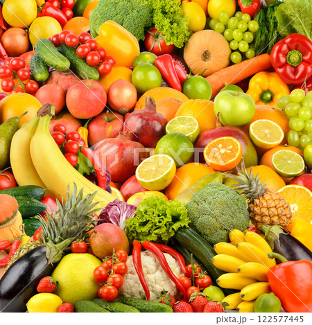 Large background of fresh berries, vegetables and fruits. Food concept. Large background of fresh berries, vegetables and fruits. Food concept. 122577445