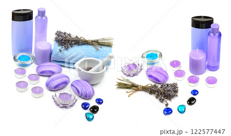 Big set. Soap, shampoo, towel, lavender oil, scented candles, dried lavender flowers isolated on white background. 122577447