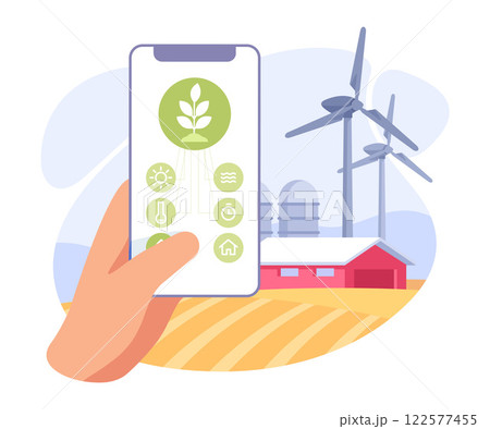 Farming Technology with Hand Use Smartphone App Vector Illustration 122577455