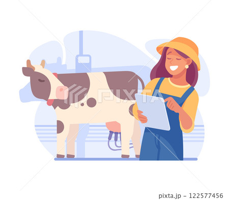 Farming Technology with Woman Farmer Monitor Milk Cow on Tablet Vector Illustration Farming Technology with Woman Farmer Monitor Milk Cow on Tablet Vector Illustration 122577456