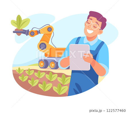 Farming Technology with Man Farmer Managing Robotic Arm Via Tablet Vector Illustration Farming Technology with Man Farmer Managing Robotic Arm Via Tablet Vector Illustration 122577460