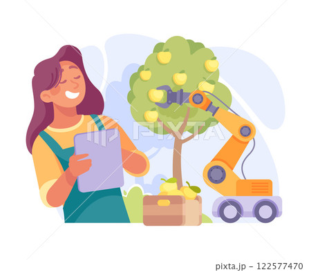 Farming Technology with Woman Farmer Harvest with Robotic Arm and Tablet Vector Illustration 122577470