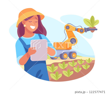 Farming Technology with Woman Farmer Control Planting Crop Vector Illustration 122577471