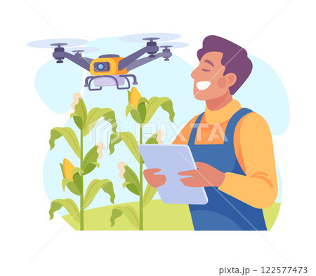 Farming Technology with Man Farmer Managing Drone Vector Illustration Farming Technology with Man Farmer Managing Drone Vector Illustration 122577473