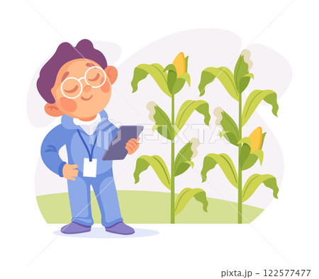 Farming Technology with Boy Farmer Stand with Tablet at Corn Cob Crop Vector Illustration Farming Technology with Boy Farmer Stand with Tablet at Corn Cob Crop Vector Illustration 122577477