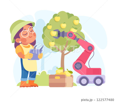 Farming Technology with Girl Farmer Harvest Stand with Tablet at Apple Tree Vector Illustration Farming Technology with Girl Farmer Harvest Stand with Tablet at Apple Tree Vector Illustration 122577480