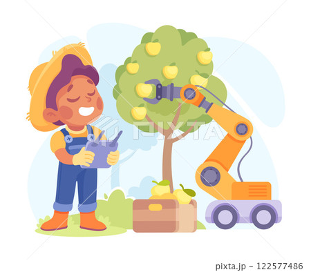 Farming Technology with Boy Farmer Harvest from Apple Tree with Tablet Vector Illustration 122577486