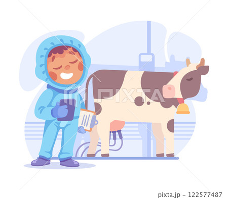 Farming Technology with Boy Farmer Stand with Tablet Milk Cow Vector Illustration 122577487